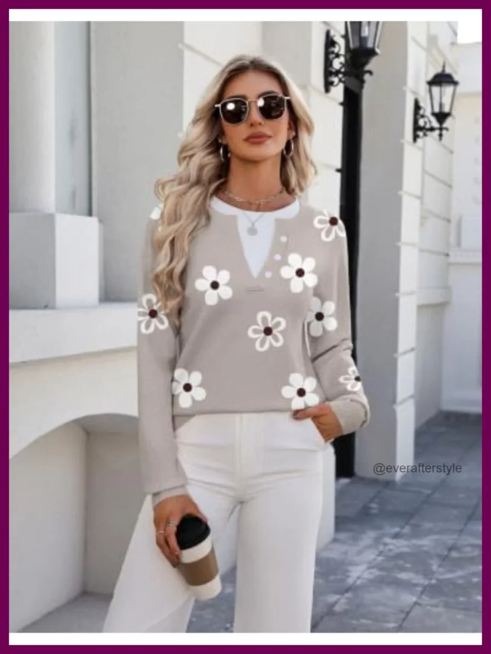 Long Sleeve Crew Neck Pullover Sweater with Contrast Collar Floral Knit